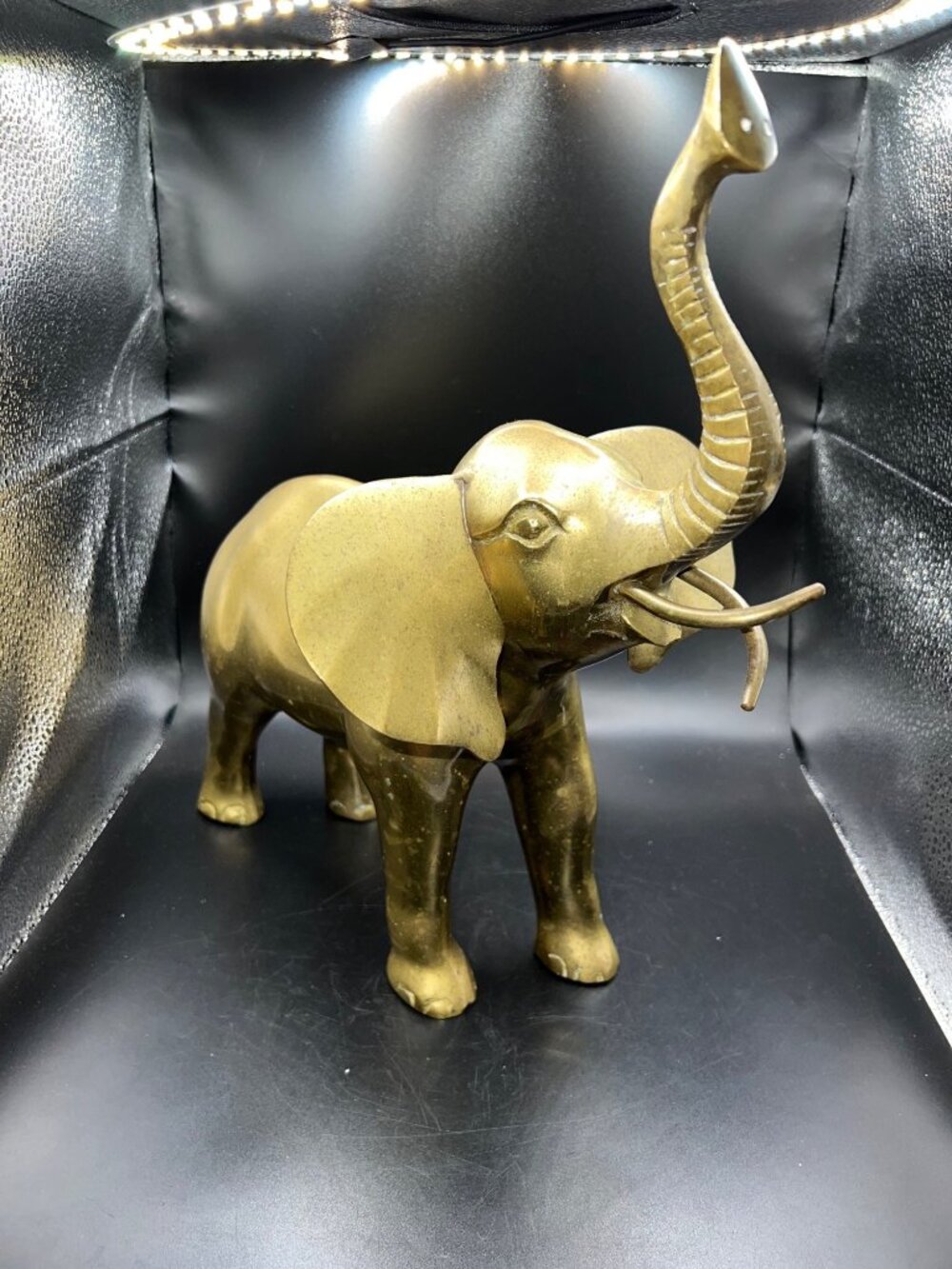 Vintage Brass Elephant Figurine Sculpture Raised Trunk 14” Tall Good Luck Patina